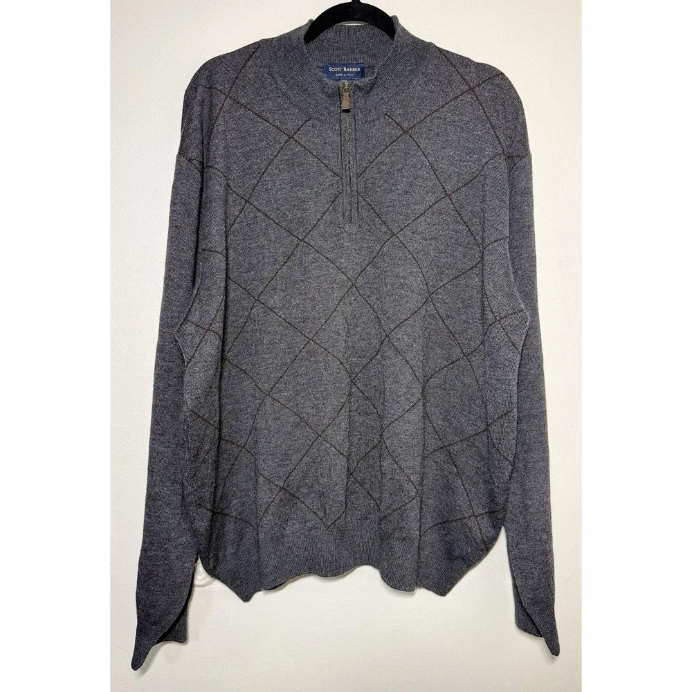 Vintage Scott Barber 100% Merino Wool 1/4 Zip Sweater Men's Size 2XL Gray Argyle